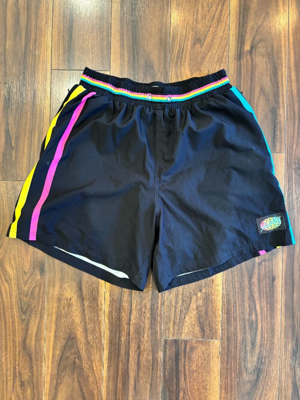 Slunks Men's Volleyball Shorts – Black with Neon Stripes / Globe Patch – Size M